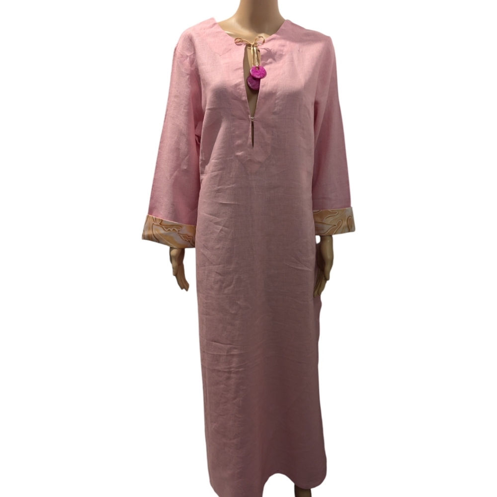 NWOT Lotty B Mustique caftan, size Large. Linen with silk trim, pink